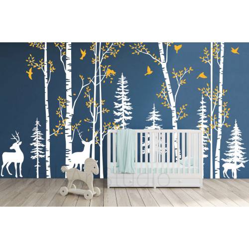 Birch Trees  Wall Decal, Nursery Deers Forest Removable Birch Trees Vinyl Sticker for Kids Bedroom Decor, Nursery Bedroom Peel Sticker