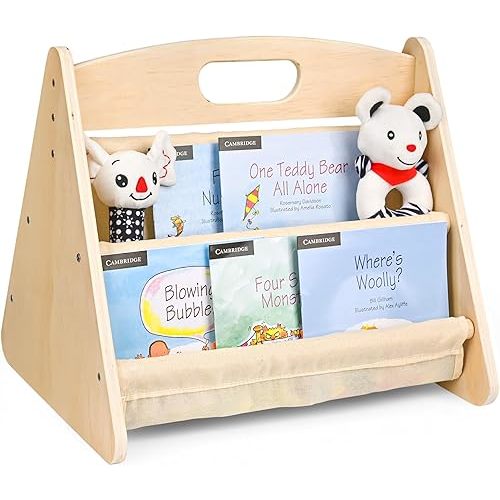 AZSKY Double-Sided Toddler Bookshelf for Kids, Montessori Bookshelf to Display Books, Sling Book Rack Organizer, Playroom Classroom Nursery Book Shelves, Wooden Kid Bookcase for Baby Girl Boy（Beige）