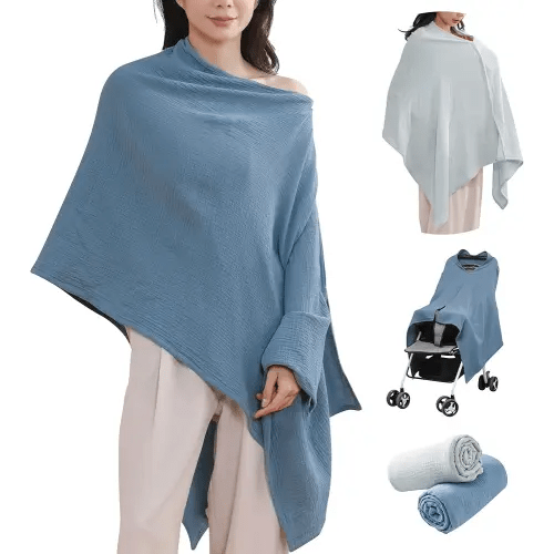 2-Pack Nursing Covers for Breastfeeding, 100% Organic Cotton Muslin Breastfeeding Cover, Multi-Use Nursing Scarf, Car Seat Canopy, Stroller Cover, Soft Breathable Baby Blanket Grey
