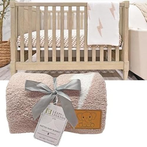 Lightning Bolt Baby Blanket 28"x40" with Leather Patch - DreamSoft Knitted Throw for Crib or Stroller - Receiving Blanket/Newborn Nursery Gift Essential for Toddler, Infant or Kids (Tan/White)