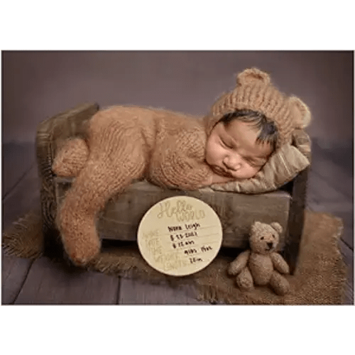 BLUETOP Baby Boy Costume Newborn Outfits, Newborn Photography Outfits Boy Girl Crochet Infant Costume With Bonnet, Hand-Knitted Costume For Baby Outfits Teddy Bear Costume With Baby Announcement Sign - 02 Teddy Bear