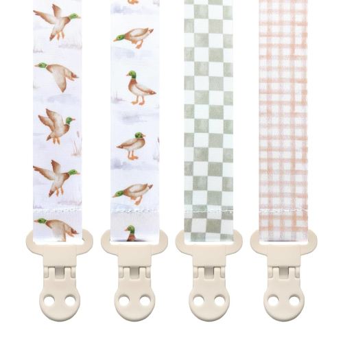 Baby Pacifier Clip Holder - Boy and Girl Unisex 4 Pack Gift Set – Neutral Checker Gingham Plaid Ducks Mallards Beige Brown and Green