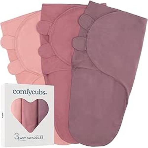 Comfy Cubs Easy Swaddle Blanket, 3 Pack - 100% Cotton Newborn Wrap, Small for 0-3 Months Infants, Breathable and Durable Sleep Sack for Babies - Blush, Mauve & Mulberry