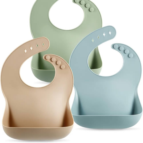 PandaEar Set of 3 Silicone Baby Bibs Waterproof, Soft, Unisex, 10-72 Months (Brown/Blue/Green)