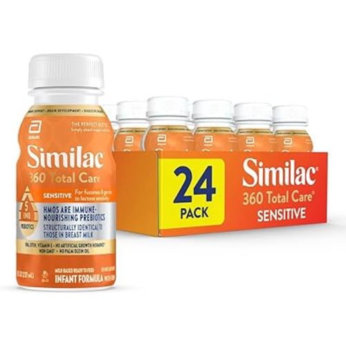 Similac 360 Total Care Sensitive Infant Formula for Fussiness & Gas Due to Lactose Sensitivity, Has 5 HMO Prebiotics, Non-GMO, ‡ Baby Formula, Ready to Feed, 8-fl-oz Bottle, Pack of 24