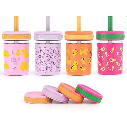 Sursip Toddler Glass Cups with Straw, Spill-Proof Kids Mason Jar Food Storage with Lids, Sippy Cups for Drinks, Smoothies, Snacks, Milk Cup [4 Pack] 8 oz 2-in-1