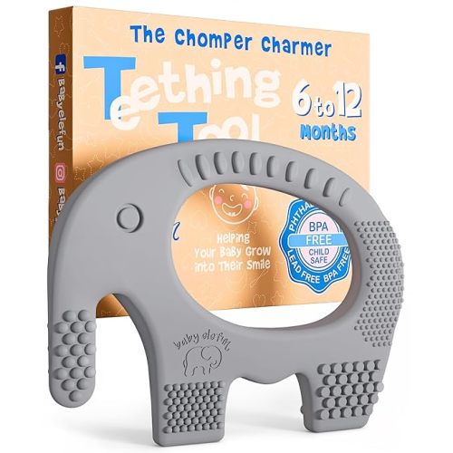 Teethers for Babies 6-12 Months - Baby Elefun 5x Pain Relief Toddler Teether. No More Ouch for Mom Anti Bite Trainer. Nurtures Grasping, Passing, Hand Eye Coordination. Silicone Baby Teething Toy Ring