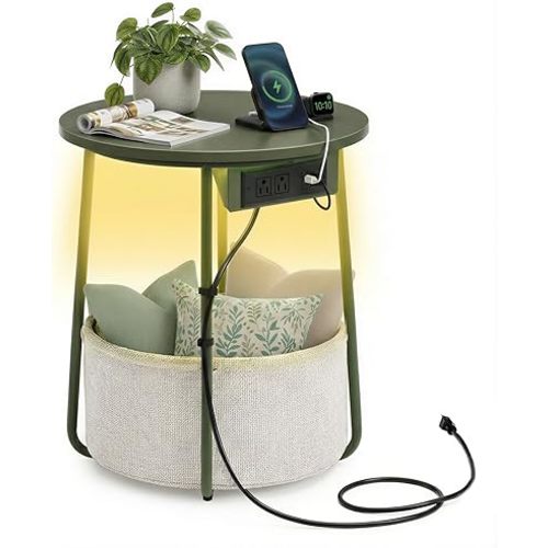 VASAGLE LILEA Collection - Side Table with Charging Station, Round End Table with Fabric Basket, LED Nightstand with USB Ports, Modern, for Living Room, Forest Green and Cream White ULET227C01