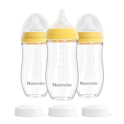 Natural Glass Baby Bottles for Breastfeeding Babies, Baby Essentials, Without Lead Body, Gentle Medium Flow, Wide Neck Bottle with Anti Colic Nipple for 3 Months Babies, 3 Packs (Yellow, 8oz)