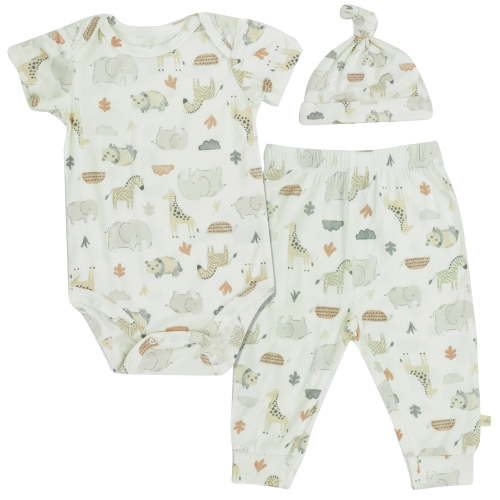 Milkberry Bamboo Baby Sleepwear Onesie Jogger Set for BoysSafari Beige Newborn Sleepers size 0-3 Months