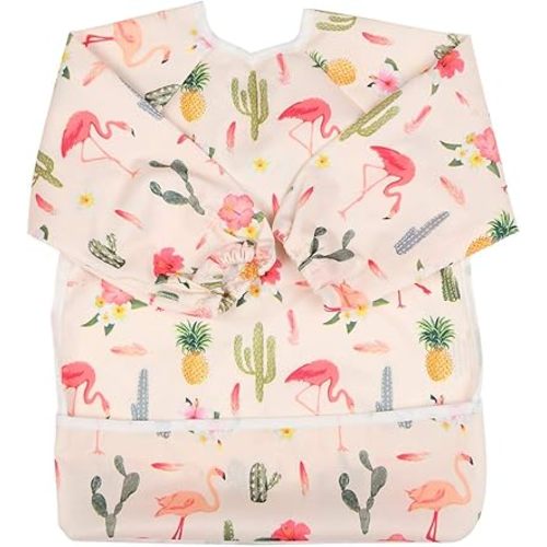 Baby Bib Sleeved Shirt With Pocket 1-3 years old Toddler Painting For Girls (Flamingo Cactus)