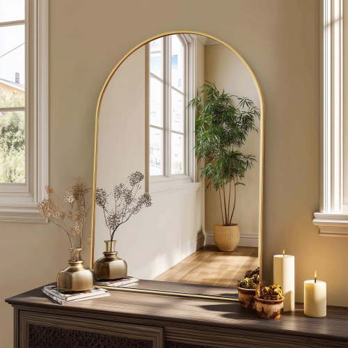 JIOABL 24"x 36" Arched Shatterproof Bathroom Mirror, Tempered Glass, 2 Sided Anti-Rust for Vanity Wall Decor, Gold