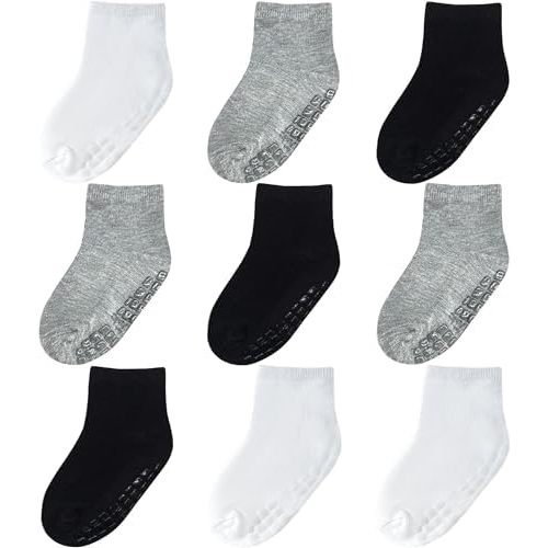 Baby Mid-Crew Socks with Grips (9 Pairs) for 0-7 Years Old Toddler Boy Girl Kids
