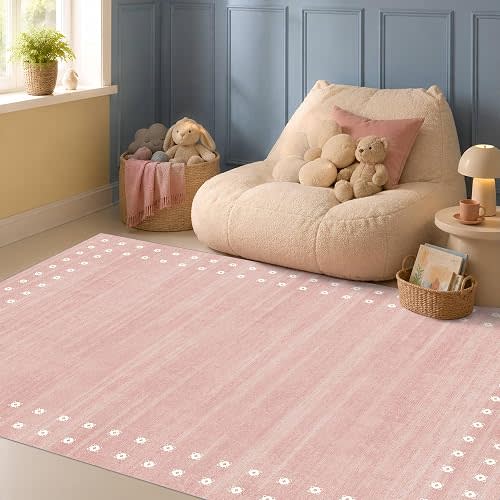 Washable Coral Pink Rug, 4x6