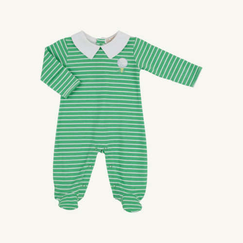 Rock Me Romper - Gibson Island Green Stripe with Worth Avenue White & Golf Embroidery