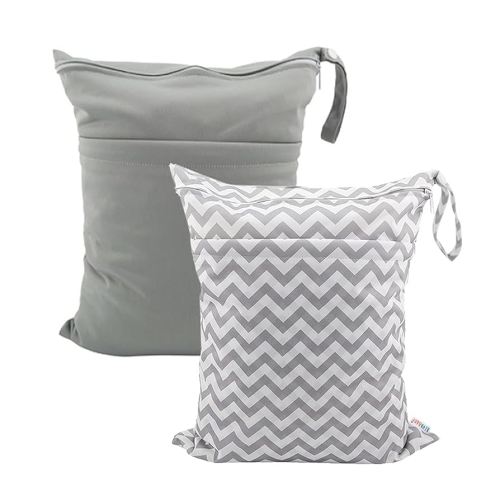 ALVABABY Wet Dry Bags with Two Zippered Pockets 2 Pack Travel Beach Pool Daycare Soiled Reusable Waterproof Yoga Gym Bag for Baby Diaper Swimsuits Wet Clothing Sets Grey Wave