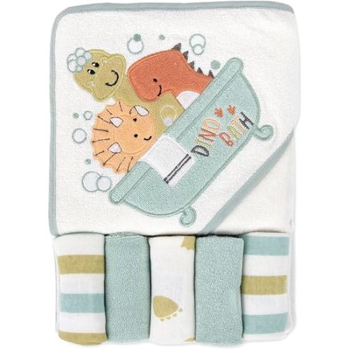 Baby Hooded Towel and Washcloth Set for Infants, Boys and Girls 6-12 Months (Drippy Dinos)