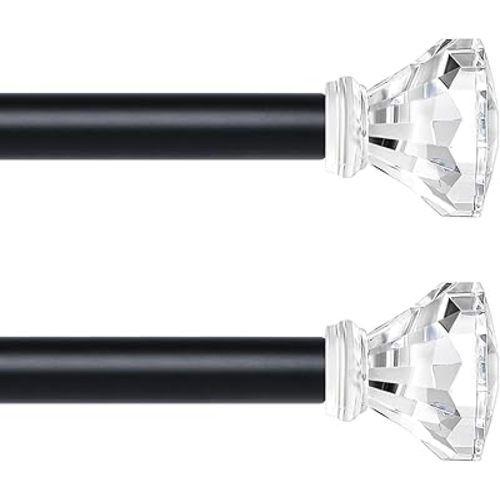 Black Decorative Crystal Curtain Rods 2 Pack:Heavy Duty Adjustable Window Curtains Rods for Living Room Bedroom,Matte Black Modern Acrylic Drapery Rod with Clear Bling Diamond Finials,18-45"