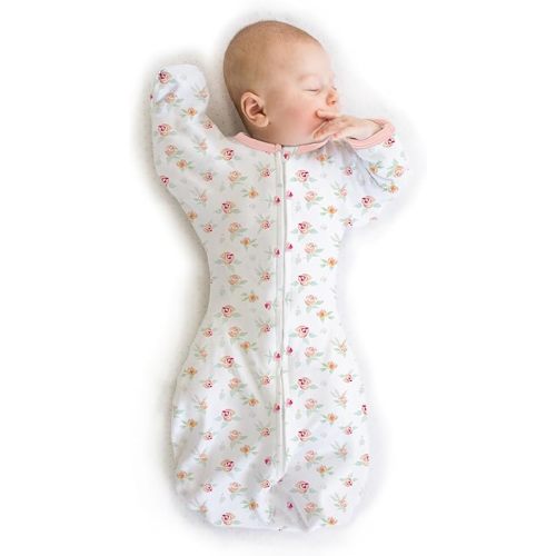 SwaddleDesigns Transitional Swaddle Sack with Arms Up Half-Length Sleeves and Mitten Cuffs, Small, 0-3 Months, 6-14 lbs, Watercolor Peachy Pink Floral (Arms Up Swaddle, Transition Swaddle Sleep Sack)