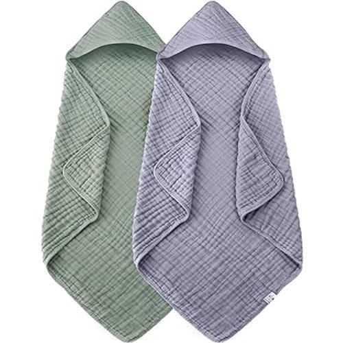 2 Pack Hooded Baby Towels - 100% Muslin Cotton for Newborns, Infants, Toddlers - Large 32x32Inch Size - Highly Absorbent and Essential for Newborn Care, Green and Grey