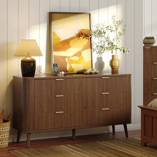 Fluted 6 Drawer Dresser with Charging, 57" Wide Wood Dresser TV Stand, Mid Century Modern Long Dressers with Curved Profile Design for Closet, Bedroom Living Room, Hallway, Entryway, Home Office
