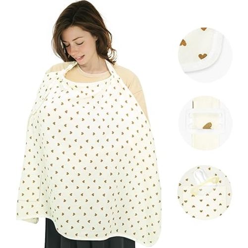 Muslin Nursing Cover for Breastfeeding,Breathable Breastfeeding Cover up with Arch Neckline for Women,Machine Washable & Dryer Safe Feeding Cover Up,43.3” x 25.6” (Brown Heart)
