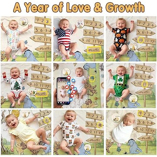 Classic Winnie Bear Baby Monthly Milestone Blanket, Neutral Vintage Bear Quotes Soft Flannel Milestone Blanket with Gift Box Holiday Signs Felt Marker for Winnie Nursery Decor Baby Stuff 60 x 40Inch