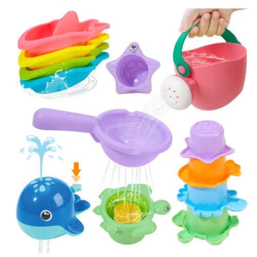 Mold Free Bath Toys, 11PCS | Safe Easy Clean & Fun Floating Boats & Spoon & Watering Can and Whale Bath Toy for Babies 12+ Months | Colorful Bathtub Pool Water Table Sand Toys for Babies and Toddlers
