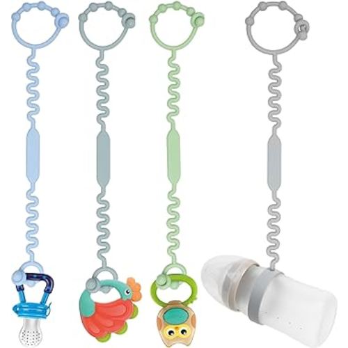 Toy Straps for Baby, Pacifier Holder Clip with Self-Adjusting Bayonet, Pure Silicone Material Without BPA; Can Be Used for Teethers, Feeding Bottles, Toys, Baby Cribs, High Chairs (4 pcs)