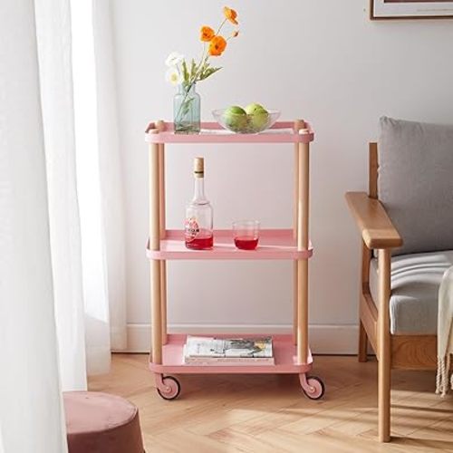 Rolling Storage Cart, 3 Tier Bathroom Organizer Mobile Shelving Unit, Metal Utility Cart Tower Rack with Beech Wood Frame for Kitchen Laundry Narrow Places(13.77"D x 19.68"W x 32.08"H, Pink)