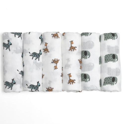 Gllquen Baby Muslin Swaddle Blankets 6-Pack, Soft Receiving Swaddles, Breathable Unisex for Newborns Infant Boys and Girls, 27 X 27", Elephant and Giraffe