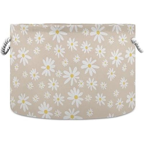 Burbuja Daisy on Beige Round Storage Basket with Cotton Rope Handles, Laundry Basket for Blankets, Toys, Nursery, Living Room Decoration