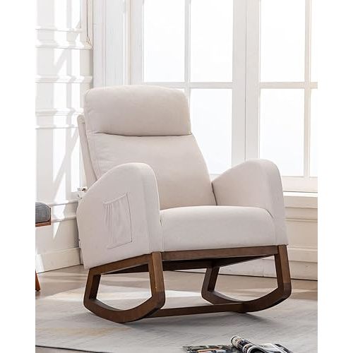 Rocking Accent Chair for Nursery, Upholstered Glider Nursery Chair with Breathable Fabric for Bedroom, Living Room, Beige