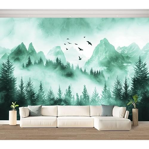 Wall Mural Green Forest Room Pine Trees Mountains Birds Rocks Watercolor Soft Peel & Stick Wallpaper Removable Self-Adhesive Large Wall Sticker Wall Decor for Bedroom Living Room Nursery 100"x144"