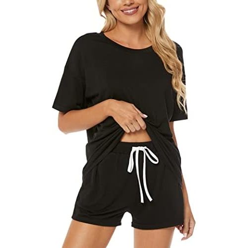 LOCUBE Women's Pajama Set Short Sleeve Top and Drawstring Shorts with Pockets, Soft Stretchy Comfy Loungewear Sleepwear