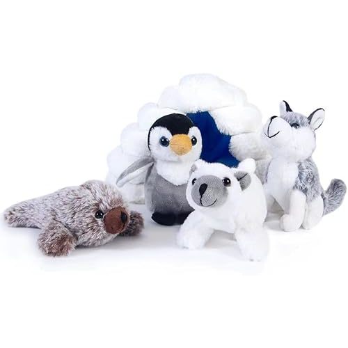 Stuffed Animals Set, 5 Piece Baby Stuffed Animals with Plush Igloo, Including Seal/Husky/Polar Bear/Penguin Stuffed Animal, Plush Toys Set Ideal Gift for Kids Babies Toddlers