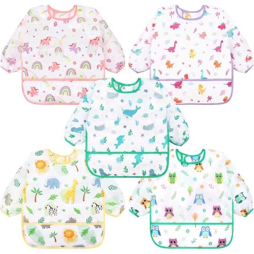 Accmor 5 Pack Long Sleeve Baby Bibs, Waterproof Sleeved Bib Smock for Baby Toddler 6-36 Months