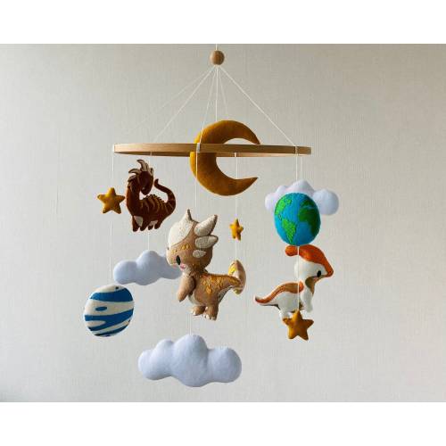 Space Dinosaur Mobile, embroider baby mobile, hanging mobile, urassic nursery, crib mobile, baby mobile boy, planet mobile, newborn gifts.