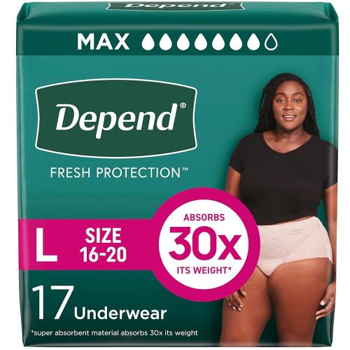 Depend Fresh Protection Adult Diapers, Incontinence & Postpartum Bladder Leak Underwear for Women, Disposable, Maximum, Large, Blush, 17 Count, Packaging May Vary