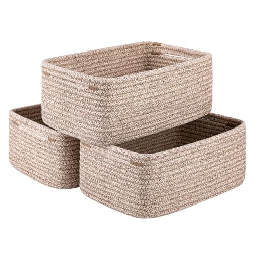 OIASKET 3 Pack Small Storage Baskets for Organizing, Cute Woven Decorative Gift Baskets for Shelves, Mini Closet Organizer Bins with Handles, 11.81''Lx7.87''Wx4.72''H-Brown