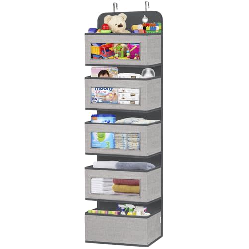 homyfort Over The Door Hanging Organizer Storage with 5 Large Pockets,Wall Mount Clear Windows and 2 Widened Metal Hooks for Pantry,Nursery,Diapers,Bathroom,Kitchen,Closet,Dorm(Grey)