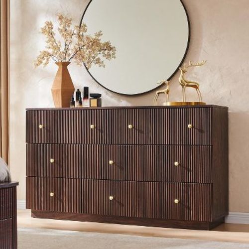 SinCiDo 8 Drawer Fluted Dresser, 55" Wide Wood Chest of Drawers with Deep Storage, Modern Storage Organizer for Bedroom, Living Room, Brown