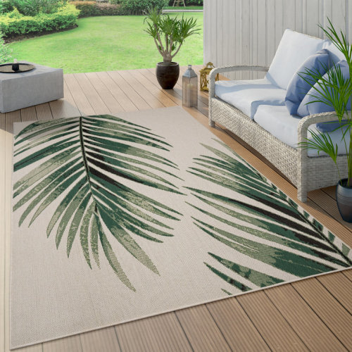 Vern Floral Palm Leaf Rug Tropical Design For Indoor And Outdoor Flatweave In Green