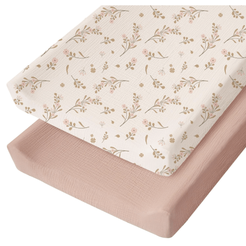Konssy Muslin Changing Pad Cover for Baby Girls Boys, 100% Cotton Fitted Diaper Chang Table Covers, Soft Breathable Changing Pad Sheets, 2 Pack (Floral,Pink)