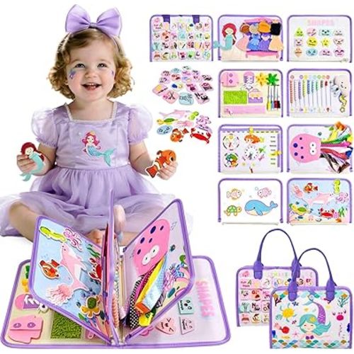 Aurasys Toddler Busy Board Montessori Toys for Girls Birthday Gift, Sensory Busy Book Educational Learning Activity Board for Toddler Girls, Travel Activities Toys for Airplane Car