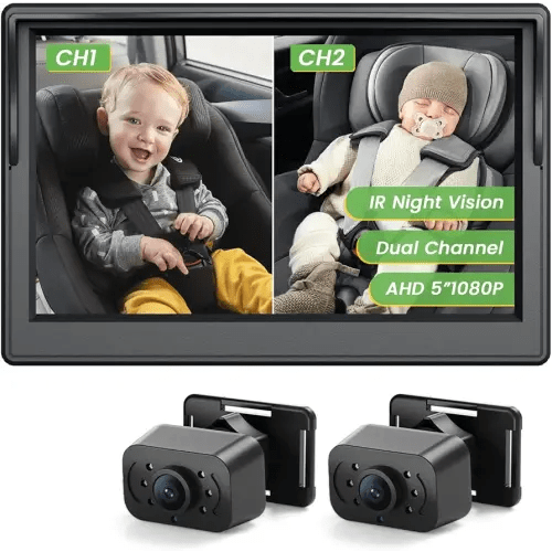 IPOZITO Car Camera for Baby Car Monitor for 2 Kids 5 inch Display HD 1080P Dual-Channel Car Baby Camera with IR Night Vision Adjustable Bracket Lengt Clear Wide View for Rear Facing Seat