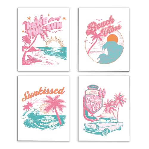 VIIJJUE Beach Wall Decor, Ocean Wall Decor, Retro Pink and Blue Tropical Ocean Beach Vibes Coconut Tree Wall Art Prints Set of 4, Ocean Room Decor, Beachy Room Decor Aesthetic, 8x10 Inches Unframed