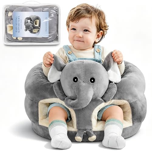 Sit Up Floor Seat for Baby 3-24 Months, Plush Animal Shaped Support Floor Chair Learning to Sit, Infant Toddler Baby Sofa with Cotton Filling, Non-Slip Bottom, Grey