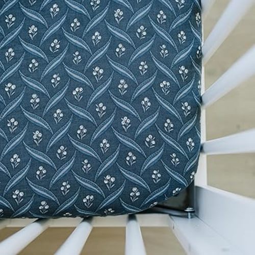 Navy Berry Muslin Crib Sheet by Mebie Baby, Soft and Breathable Bed Sheets for Babies, Modern Neutral Bedding for Cribs, Standard Crib Mattress Fitted Sheet, Great for Boy or Girl Room or Nursery
