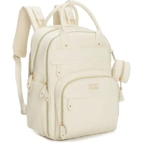 BabbleRoo Leather Diaper Bag Backpack - Baby Essentials Travel Baby Bag, Multi function, Waterproof, with Changing Pad, Stroller Straps & Pacifier Case – Unisex, Eggshell White